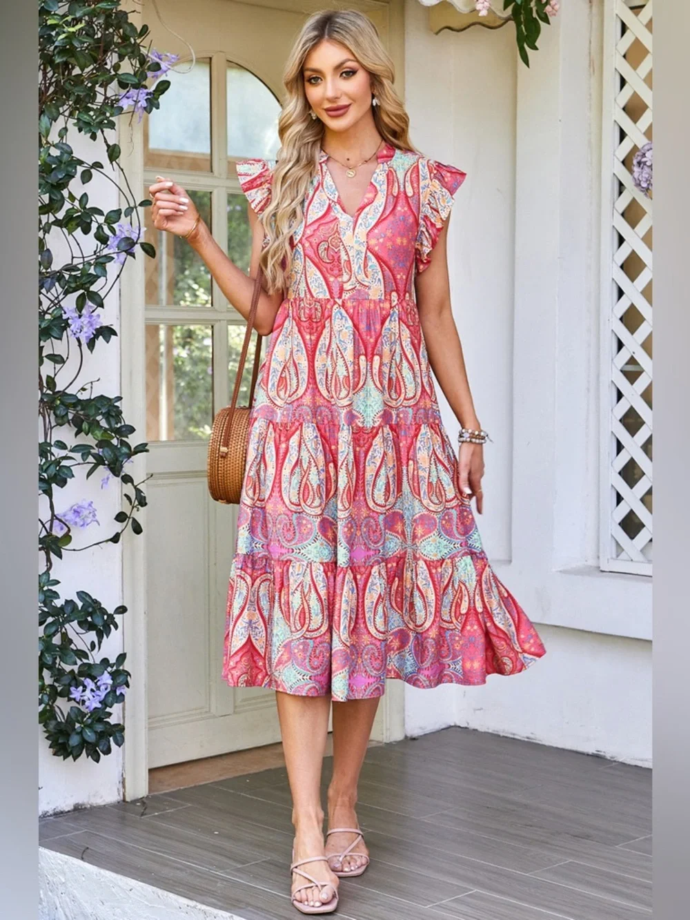 Tribal Paisley Print Ruffled Sleeve Notch Neck Midi Dress- Charming Charlie Med - Picture 2 of 8